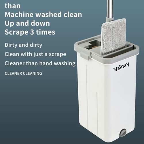 Mop and Bucket Set Self Wringing System – Separate Clean & Dirty Water, 360° Rotating Flat Mop, 2 Reusable Microfiber Pads, Hands Free Wet & Dry Cleaning for Hardwood Tile Laminate – Vallary