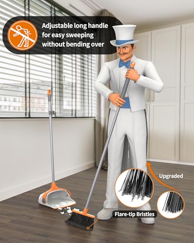 MR.SIGA Broom and Dustpan Set with Long Handle, Stand Upright Broom with Dustpan Combo for Cleaning Office, Garage, Lobby, Lightweight Sweeping Set, 51.7"(131 cm) Long Handle, White & Orange - color: White & Orange