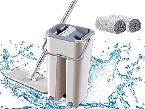 Mop Heavy Quality Floor Mop with Bucket, Flexible Kitchen tap Flat Squeeze Cleaning Supplies 360 Flexible Head/2 Reusable Pads Clean Home Floor Cleaners