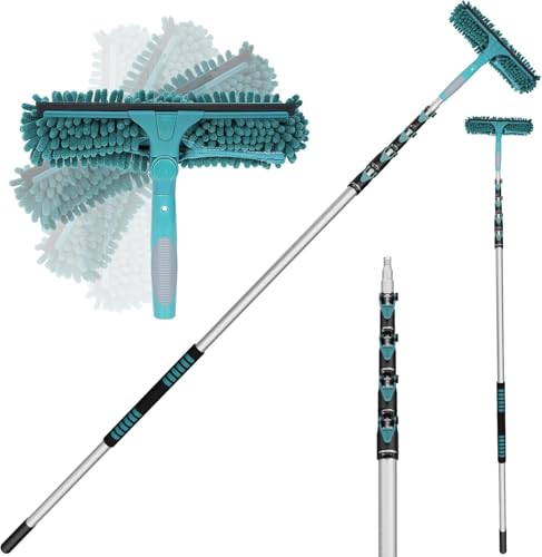 TelesPro 36 Feet High Reach Window Squeegee with 7-30 Ft Extension Pole, Window Cleaner Tool with 5-Stage Telescoping Pole, Window Cleaning Kit with Rotatable Head (2 Squeegee & 2 Microfibre Cloths) - size: 30 FT