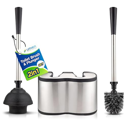 UMIEN Toilet Brush and Plunger Set 18-in - Updated 2025 No-Rust - Stainless Steel Design - Long Handles - with Freestanding Canister - color: Satin Nickel, size: 1 pack