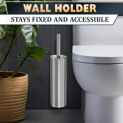 Silver Modern Toilet Brush and Holder Set with Wall Mount - Stainless Steel Toilet Brush with Holder - Removable Inner Bowl, Shiny Design, Splash Protection & Dense Bristles for Bathroom Cleaning - color: Silver Wall-mounted