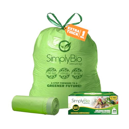 Simply Bio 13 Gallon Compostable Trash Bags Liners Drawstring, Heavy Duty Extra Thick 1 Mil, 49.21 Liter, 30 Bags, Tall Kitchen Food Scrap Waste Bag, ASTM D6400, US BPI and OK Compost Home Certified - size: 1 Count (Pack of 30), style: Drawstring (13 Gal)