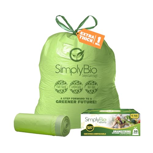Simply Bio 13 Gallon Compostable Trash Bags Liners Drawstring, Heavy Duty Extra Thick 1 Mil, 49.21 Liter, 30 Bags, Tall Kitchen Food Scrap Waste Bag, ASTM D6400, US BPI and OK Compost Home Certified - size: 1 Count (Pack of 30), style: Drawstring (13 Gal)
