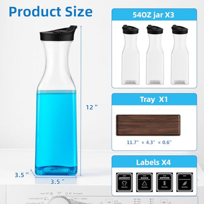 Laundry Detergent Dispenser,54OZ Laundry Soap Dispenser,Liquid Laundry Detergent Container,Fabric Softener Dispenser with Brown Wood Tray,Laundry Room Organizer with 4 Labels - color: Black With Brown Tray