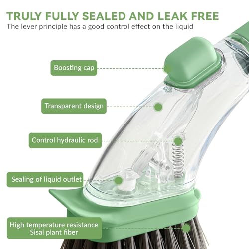 2-in-1 Soap Dispensing Dish Brush with Handle - Kitchen Scrub Brush for Easy Cleaning of Dishes, Pots, Pans, and Sinks (Green) - Efficient and Ergonomic Design Green - color: Green