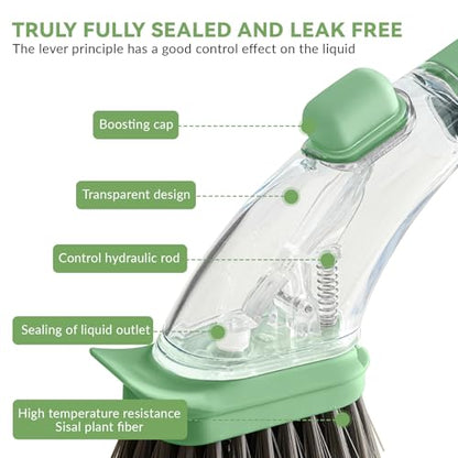 2-in-1 Soap Dispensing Dish Brush with Handle - Kitchen Scrub Brush for Easy Cleaning of Dishes, Pots, Pans, and Sinks (Green) - Efficient and Ergonomic Design Green - color: Green