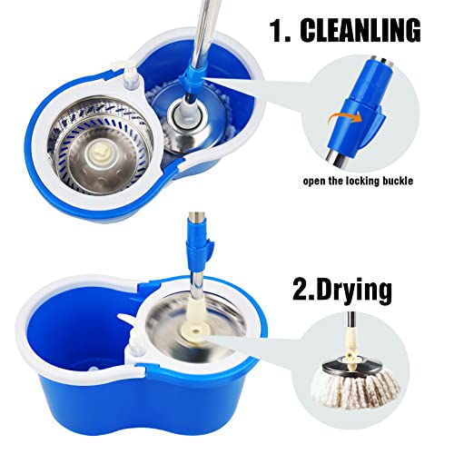 Spin Mop and Bucket with Wringer Set, 360° Mop and Bucket System with 3 Microfiber Mop Refills and 61" Extended Handle, Spinning Mop Bucket for Floor Cleaning, Blue - color: Blue