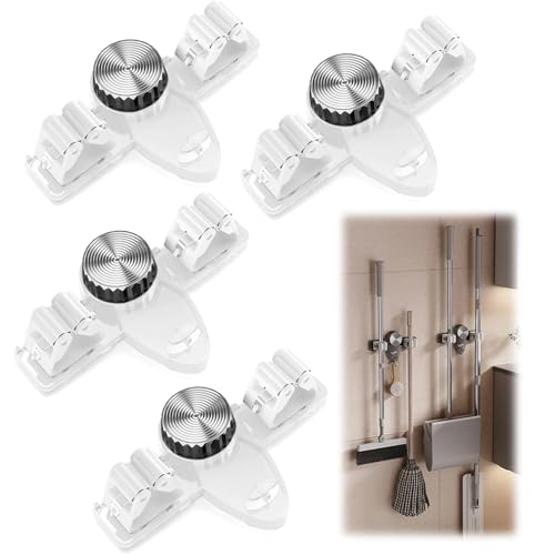 4 Pack Broom Holder Mop Hanger Wall Mount, No Drill Suction Cup Mop and Broom Organizer with Hooks, Space Saving Adjustable Rack Removable Mop Clip for Bathroom, Kitchen, Garage, Laundry Room