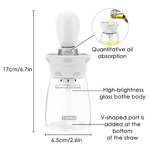 2 Pack Oil Dispenser Bottle With Basting Brush - 2 In 1 Glass Olive Oil Storage Container with Measuring Lines Silicone Squeeze Dropper for Cooking Frying Baking BBQ, T-OB23, Gray+White