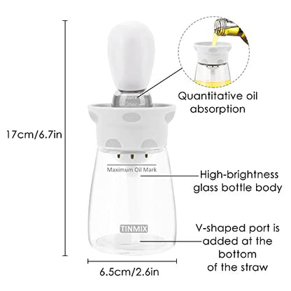2 Pack Oil Dispenser Bottle With Basting Brush - 2 In 1 Glass Olive Oil Storage Container with Measuring Lines Silicone Squeeze Dropper for Cooking Frying Baking BBQ, T-OB23, Gray+White