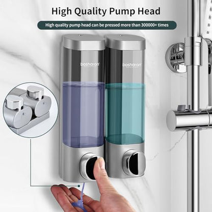 2 in 1 Shower Soap Dispenser, 2×300 ml Chamber Shampoo and Conditioner Dispenser Shampoo Dispenser for Shower Wall Mounted Shower Pump Soap Dispenser for Bathroom Kitchen (2 Chamber + Silver) - color: 2 Chamber + Silver