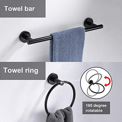 6 Pieces Matte Black Bathroom Hardware Accessories Set Hand Towel Ring 16&23.6 inch Round Towel Bar Silver Toilet Paper Holder Towel Hooks 2 Pieces SUS 304 Stainless Steel,Heavy Duty,Wall Mounted - color: Matte Black, size: 6 piece 24"