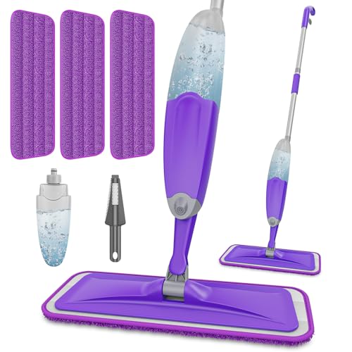 HOMTOYOU Spray Mops for Floor Cleaning: Wet Mop for Hardwood Tile Wood Laminate Vinyl - 3 Washable Microfiber Pads for Swiffer Powermop - Absorbs Pet Hair Dust - color: Purple