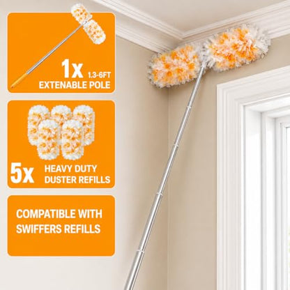 Gelibo 6ft Extendable Duster Handle with 5 Refills,Compatible with Swiffer,360°Rotating Ceiling Fan Dusters with Lock, Heavy Duty Microfiber Dusting Pads for Home Cleaning,Blinds,Hard-to-Reach Areas - style: 6ft Extendable Duster Handle with 5 Refills