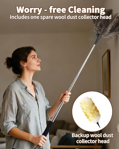 Extendable Ostrich Feather Duster with Bonus Wool Feather Duster Head - Natural Fluffy Non-Slip Handle Feathers Dusters for Cleaning Ceiling Fans, Blinds, Roof Dusting, High Surfaces (18-48 in) - color: Ostrich Feather Color+wool Color