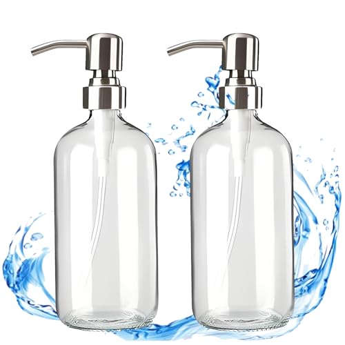 Clear Glass Soap Dispenser - Refillable Liquid Hand Lotion Dispenser for Kitchen Bathroom with Rust Proof Stainless Steel Pump (17OZ/ 500ML) (2 Pack)