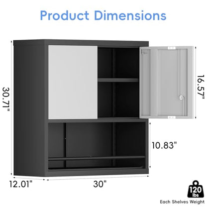 Locking Cabinet, Black Wall Storage Cabinet with Shelves, Hanging Cabinets with Open Storage, Small Wall Cabinet, Lockable Tool Cabinet for Basement, School, Office - color: 31"h-hanging Cabinet / Black
