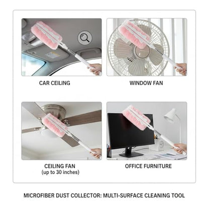 Microfiber Duster for Cleaning, Extendable Pole, Up to 30 Inch Reachable, Cleaning Tools for Car, Ceiling Fan, Window, Furniture, Office(Pink) - color: Pink