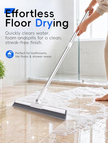 Floor Squeegee Broom with Long Handle, Heavy Duty Rubber Squeegee Kit, Scrubber for Tile Floor, Garage, Concrete with 2 Long Handles, 2 Squeegee Heads & 1 Cloth (Textured Blade 2-Pack)