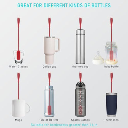 15.7" Silicone Bottle Brush, ddLUCK Water Bottle Cleaner Brush for Stanley, Hydroflasks, Glass, Thermos Sports Bottle, Vase and Glassware, Bottle Brush Cleaner for Small Narrow Neck Containers (Red) - color: Long Red