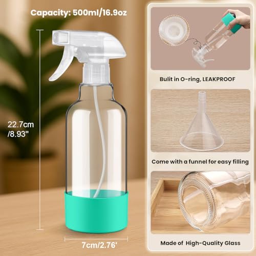 Glass Spray Bottles with Silicone Sleeve 16.9oz 2 Pack Empty Spray Bottle for Hair Mist/Stream Spraying for Cleaning Solutions, Plants, Essential Oils (clear-qblue&green) - color: clear-qblue&green