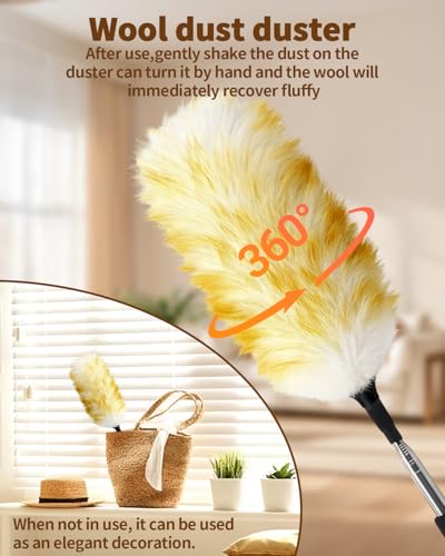 Extendable Wool Duster, 18-48 Inch Long Handle Duster with Natural Fluffy Wool Head, Dusters for Cleaning Ceiling Fans, Blinds, High Ceilings, Furniture, Washable & Reusable - color: Wool Color