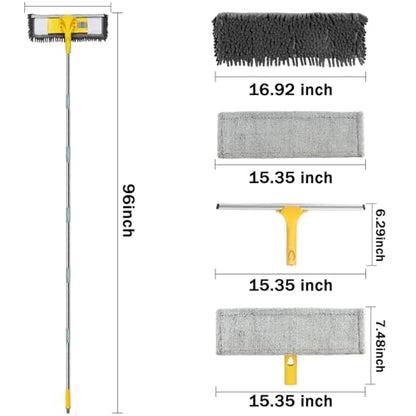 Dymoll 96" Long Handle Window Wall Cleaner Tool with Extension Pole,2 in 1 Large Window Squeegee with Cleaning Mop Tools Kit for Window/Wall/Baseboard/Floors Clean/Solar Panel Washer
