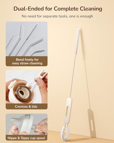 Extendable Bottle Brush with Straw Cleaner Brush, 10.8 to 14 Inches Adjustable Long Handle Water Bottle Scrubber for Cleaning Glasses, Cups, Coffee Mugs, Tumblers with Replacement Head, White - color: White