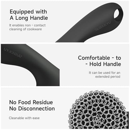 SUBEKYU Cast Iron Scrubber with Silicone Handle, Stainless Steel Skillet Cleaner for Cast Iron Pans (Black Scrubber + Scraper) - color: Black Scrubber + Scraper