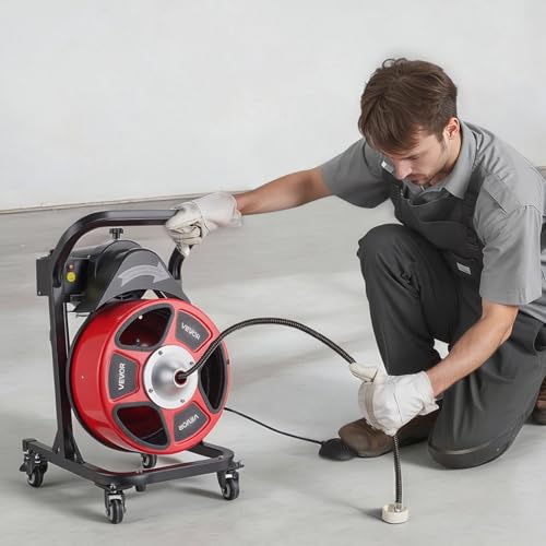 VEVOR Drain Cleaner Machine 50 FT x 1/2 Inch, Manual Feed Sewer Snake Auger on Wheels - with 4 Cutters & Air-activated Foot Switch for 2" to 6" Pipes - style: 50 FT x 1/2'' Manual Feed