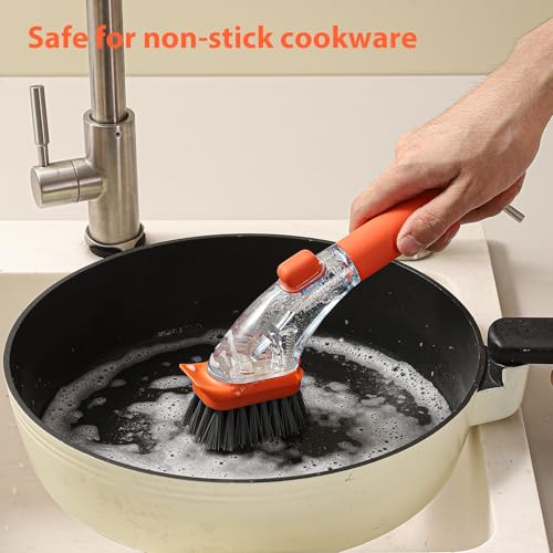 DAPOWER Soap Dispensing Dish Brush with Handle, Kitchen Scrub Brush for Dishes Pots Pans Sink Cleaning (Orange)