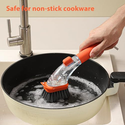 DAPOWER Soap Dispensing Dish Brush with Handle, Kitchen Scrub Brush for Dishes Pots Pans Sink Cleaning (Orange)