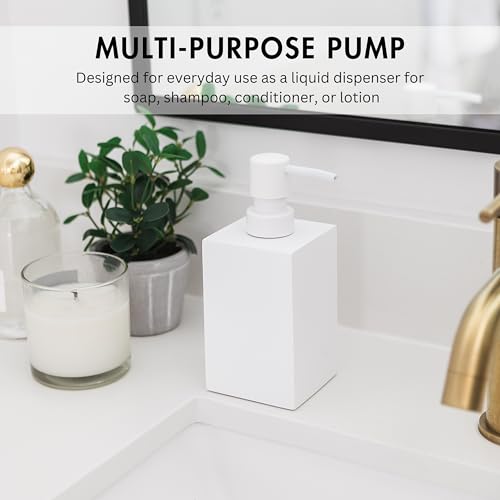 Matte White Square Soap Dispenser for Kitchen & Bathroom – 15 oz Refillable Resin Pump Bottle for Dish Soap, Hand Soap, Shampoo, Conditioner – Modern Countertop Dispenser with Non-Slip Protective Pads - color: White, style: Square Soap Dispenser