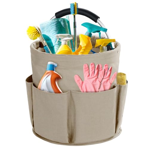 Cleaning Caddy with Handle, Cleaning Products Organiser, 17L Foldable Storage Basket, Cleaning Caddy Organiser, Portable Multi Cleaning Bucket Bag for Home, Garden (Khaki) - color: Khaki