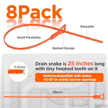 Forlivese 25 Inch Drain Snake,Drain Clog Remover,Sink Snake for Sewer Kitchen Sink Bathroom Tub Toilet Clogged Drains Relief Cleaning Tool 8 Pack