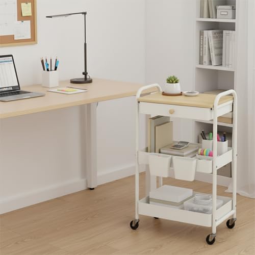 danpinera 3 Tier Rolling Cart with Wooden Table Top, White Rolling Utility Cart with Drawer & Locked Wheels, Easy Assembly for Nursery, Living Room, Studio - color: White, size: without pegboards