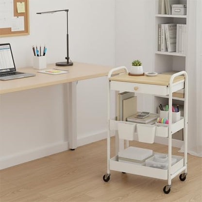 danpinera 3 Tier Rolling Cart with Wooden Table Top, White Rolling Utility Cart with Drawer & Locked Wheels, Easy Assembly for Nursery, Living Room, Studio - color: White, size: without pegboards