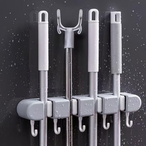 Broom & Mop Holder Wall Mount - 4 Racks & 5 Hooks Storage Organizer for Home, Kitchen, Garage, Garden, Laundry & Bathroom, Space-Saving Utility Rack