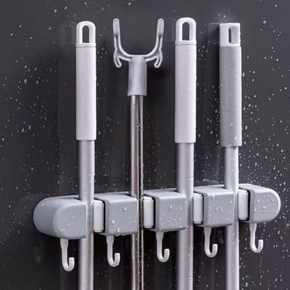 Broom & Mop Holder Wall Mount - 4 Racks & 5 Hooks Storage Organizer for Home, Kitchen, Garage, Garden, Laundry & Bathroom, Space-Saving Utility Rack