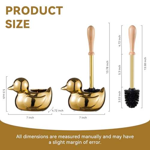 Gold Toilet Brush and Holder Set - Wooden & Stainless SteelHandle Gold Toilet Bowl Brush and Holder with Replaceable Head- Dense Bristles for Thorough Cleaning,Duck Design for Bath Decor Storage