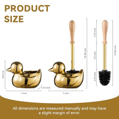 Gold Toilet Brush and Holder Set - Wooden & Stainless SteelHandle Gold Toilet Bowl Brush and Holder with Replaceable Head- Dense Bristles for Thorough Cleaning,Duck Design for Bath Decor Storage