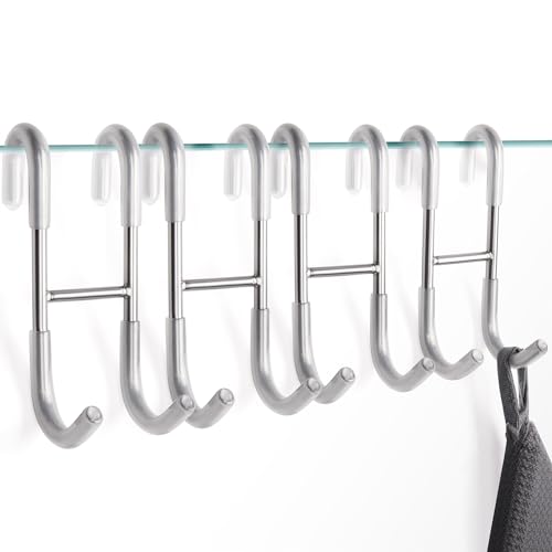 NINETREX Shower Door Hooks,Towel Hooks for Bathrooms Frameless Glass Door,Heavy Duty SUS 304 Stainless Steel Hook for Towels,Squeegee,Loofah,Shaver,Robe,4 Pack,Silver - color: Brushed Nickel, size: 4.7Inch-4 Pack