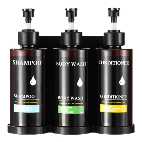 Shampoo and Conditioner Dispenser Set of 3,Shower Soap Dispenser Wall Mounted No Drill,Refillable Shampoo Pump Bottles with Waterproof Labels,Body Wash Dispenser Set for Bathroom,12.85 Oz *3 Chamber