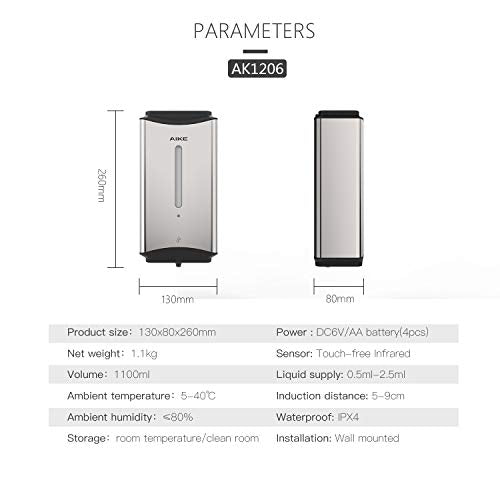 AIKE Automatic Soap Dispenser Commercial Wall Mounted Liquid Dispenser Polished Stainless Steel Finish 1100ml Large Capacity - color: Polished Stainless Steel