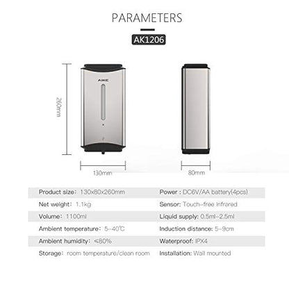 AIKE Automatic Soap Dispenser Commercial Wall Mounted Liquid Dispenser Polished Stainless Steel Finish 1100ml Large Capacity - color: Polished Stainless Steel
