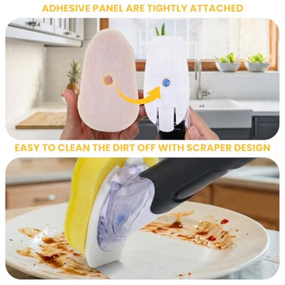 Soap Dispensing Replacement Dish Brush Storage Set with 10 PCS Sponge Refills & Holder - RIMAY Dispenser Scrub Cleaning Scrubber Kitchen Dishwashing Dish Wand Handle for Dishes/Pans/Pots/Sink(Yellow) - color: Yellow