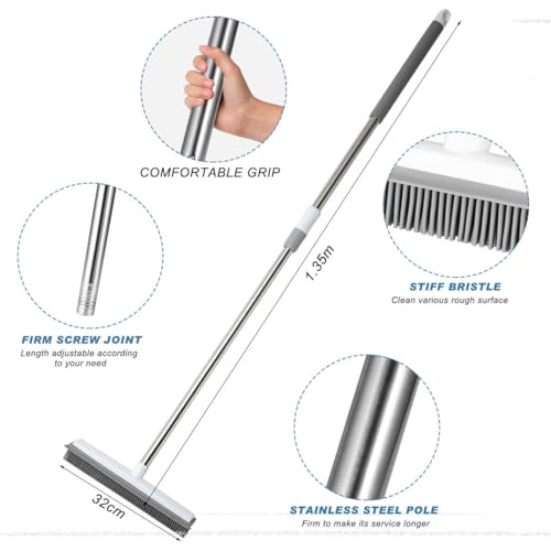 Pet Hair Removal Broom Long Handle Adjustable Carpet Rake Cat Dog Hair Remover Rubber Broom with Built in Squeegee Lint Remover Brush for Carpets Couch Rugs Mats Stairs (53inch)