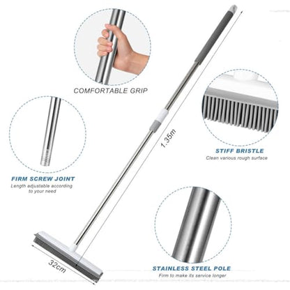 Pet Hair Removal Broom Long Handle Adjustable Carpet Rake Cat Dog Hair Remover Rubber Broom with Built in Squeegee Lint Remover Brush for Carpets Couch Rugs Mats Stairs (53inch)