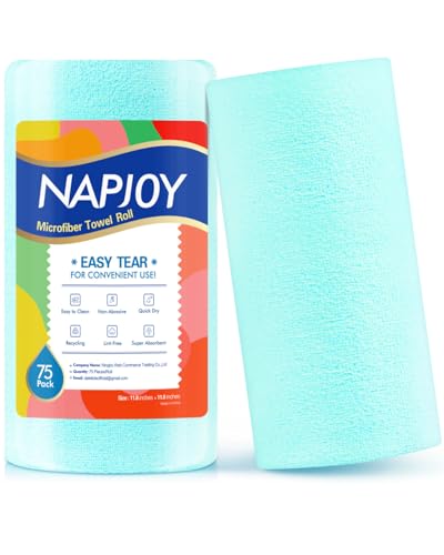 Napjoy Microfiber Cleaning Cloth Roll, 75PK Easy Tear Away Reusable Paper Towels, 12" x 12", Lint-Free and Scratch-Free with Patented Fiber Technology Microfiber Towel Roll, Blue - color: Blue